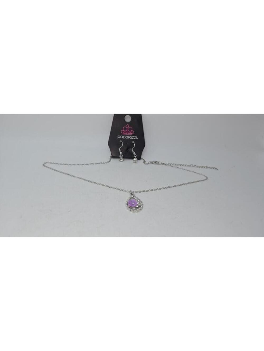 Paparazzi Silver Necklace and Earrings Set with Purple Flower Pendant